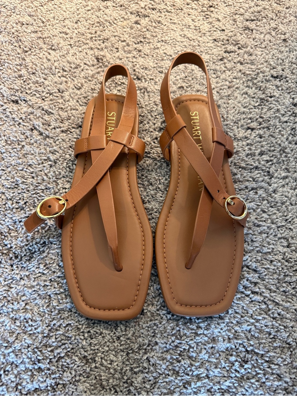 Stuart Weitzman Cognac Leather Thong Slingback Sandals with Gold Buckles